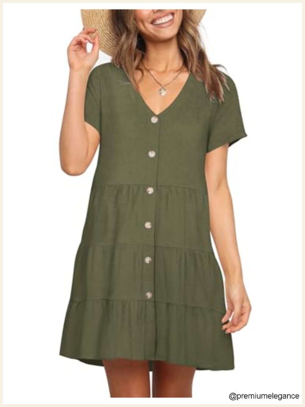Women's V-Neck Short Sleeve Button Down Casual Swing Dress with Ruffled Sleeves